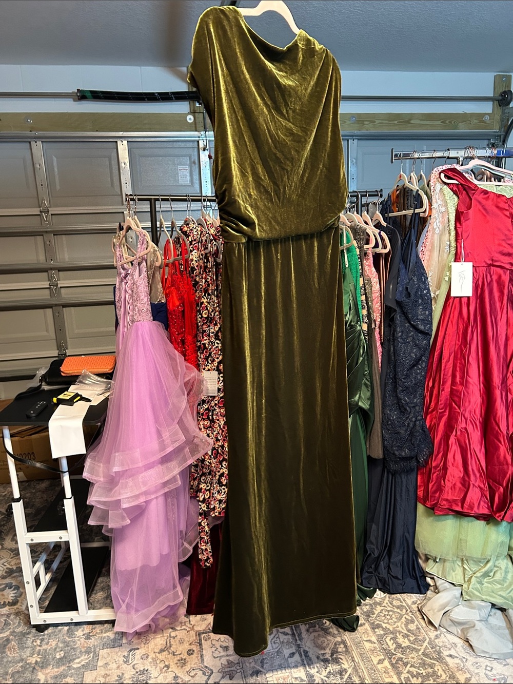 Olive Green Velvet Evening Gown - Women Dresses